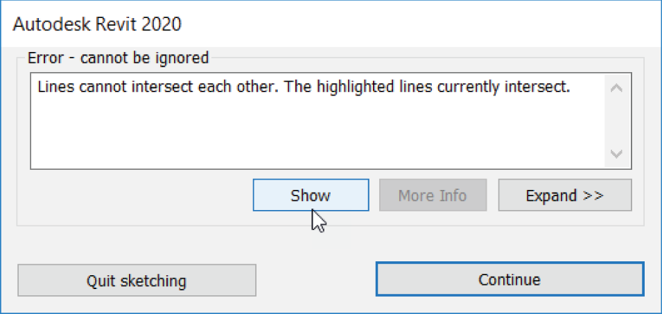 If you get the error message shown here saying
that your lines are overlapping, that means your lines are in fact overlapping.
You must have a single, closed loop. Click the Show button to zoom in on the
offending area.