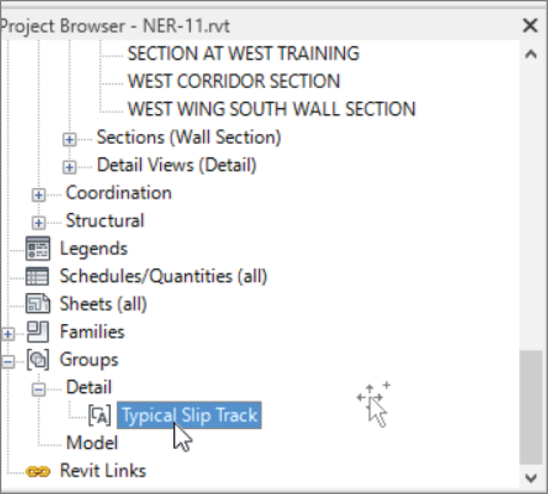 If you scroll down in
the Project Browser, you’ll see a category called Groups. Expand the Groups
category, and locate the Detail category. Expand this, and find the Typical Slip
Track group