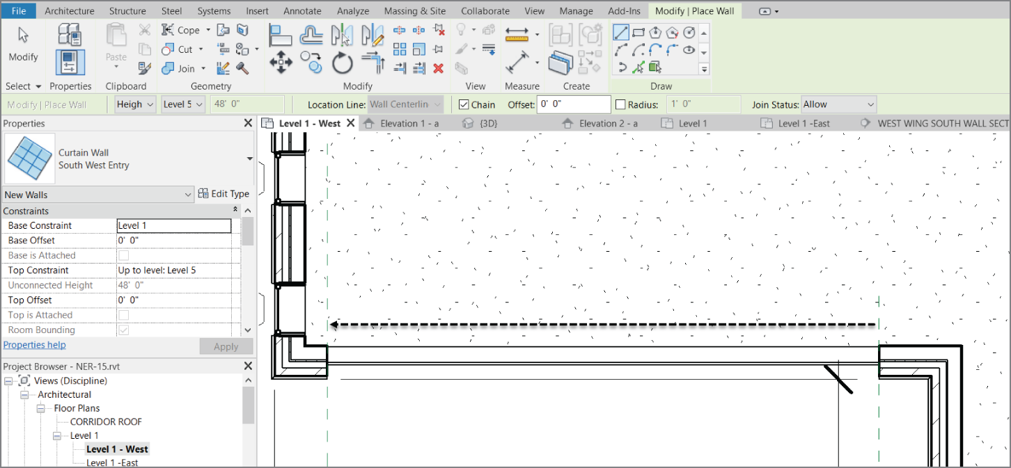 Drawing the curtain wall at the centerline of the wall between the two reference planes