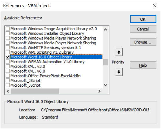 Figure 17.2 – The Microsoft Word 16.0 Object Library selected
