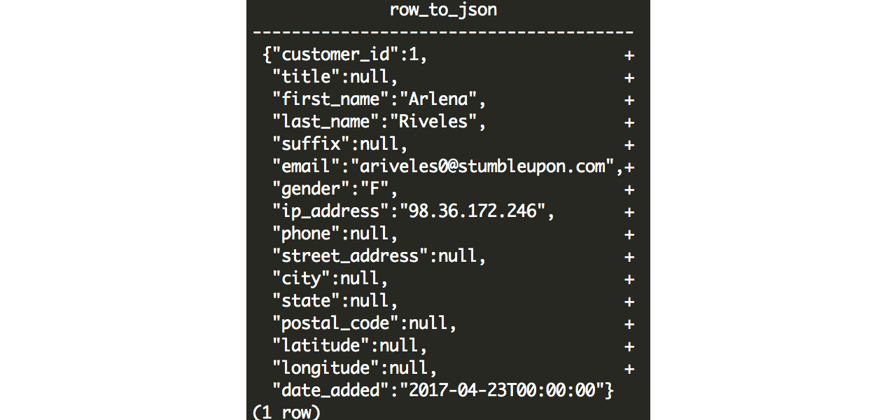 Figure 7.13: JSON output from row_to_json
