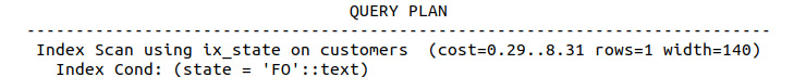 Figure 8.16: Query plan of an index scan on the customers table
