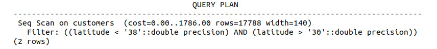 Figure 8.20: Query plan of a sequential scan on the customers table 
with a multi-factor conditional statement
