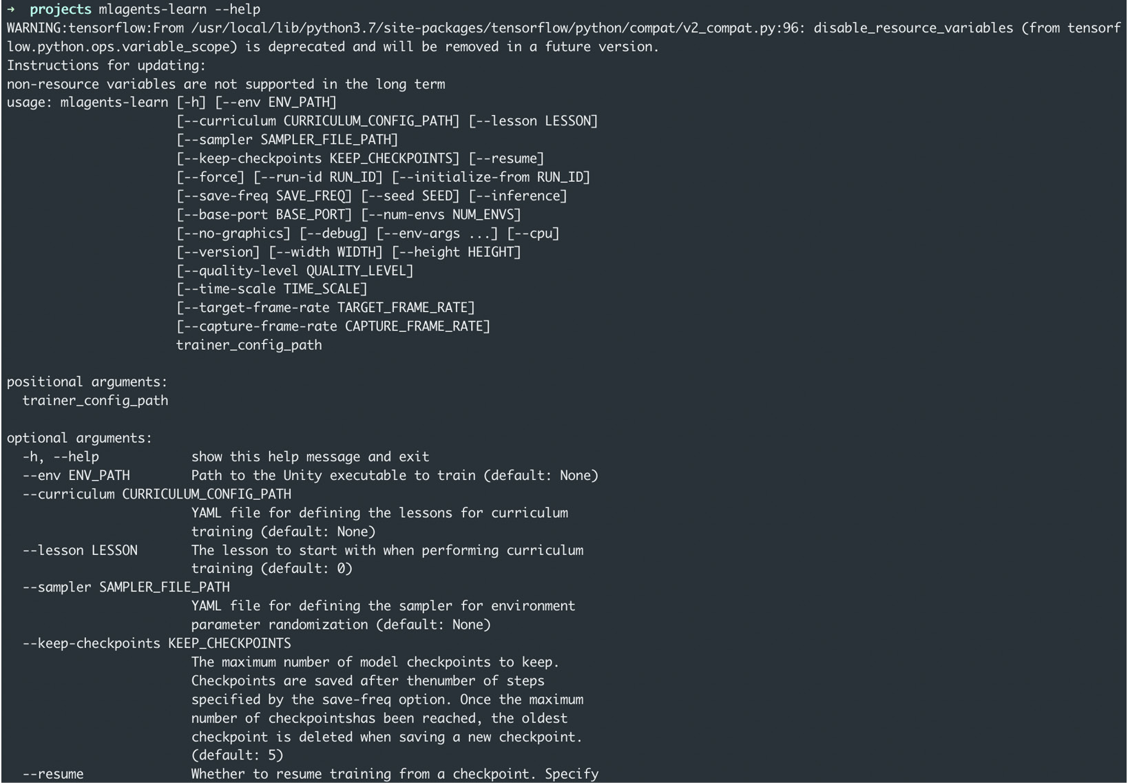 Figure 10.4 – Displaying the available parameters for the mlagents-learn command
