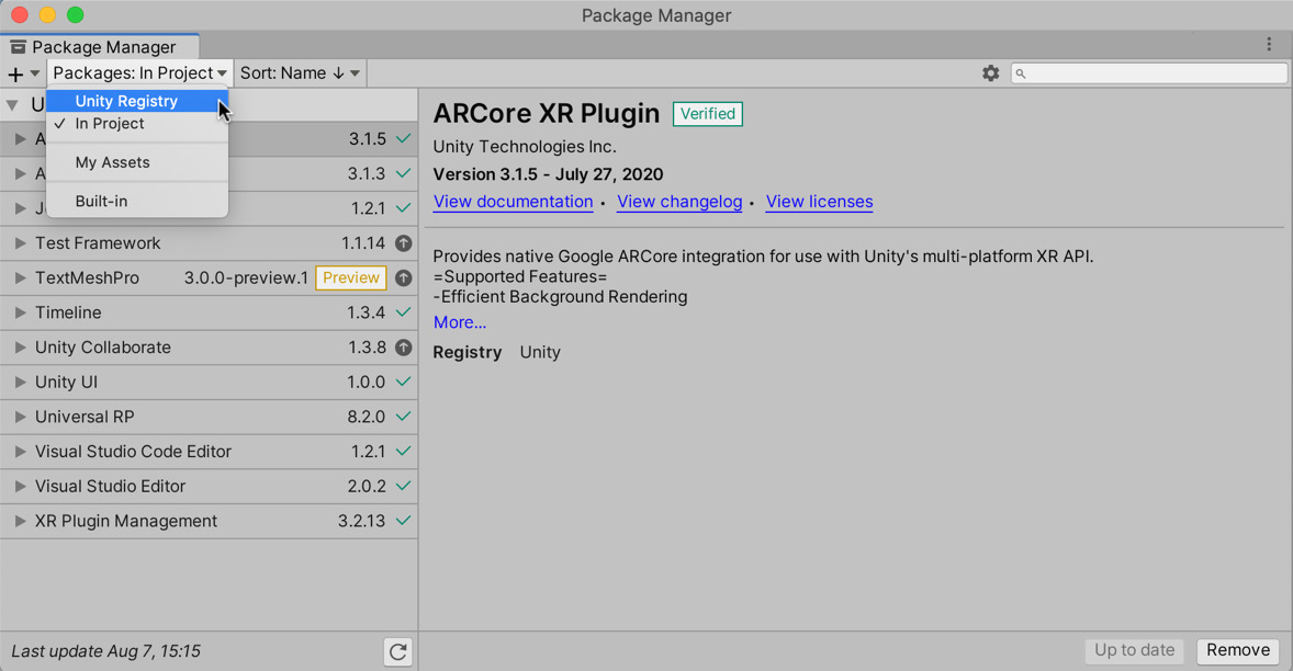 Figure 13.11 – Showing packages in the Unity Registry
