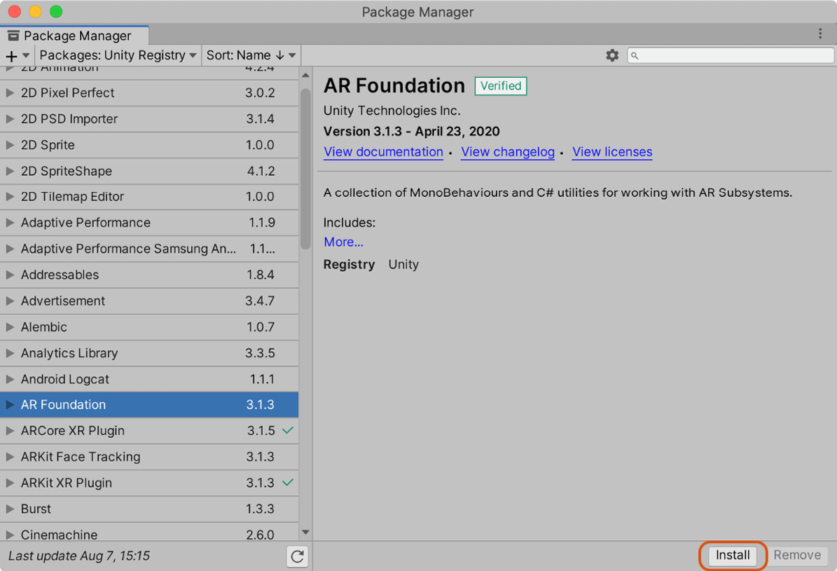 Figure 13.12 – Installing the AR Foundation package
