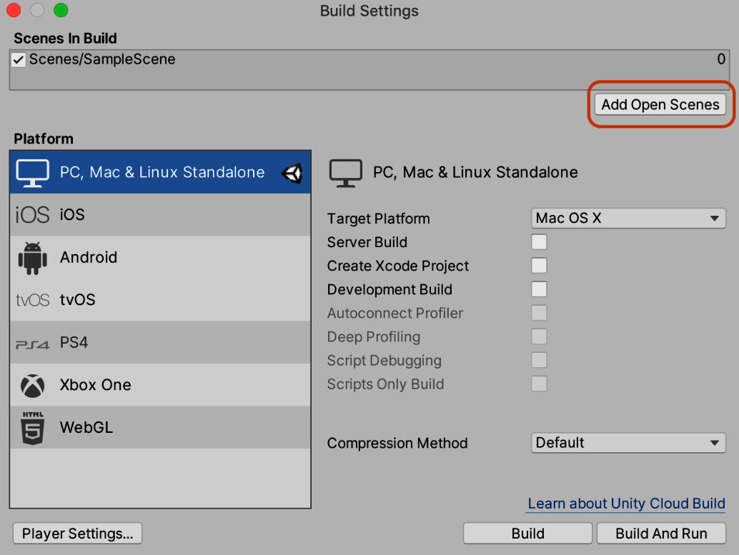 Figure 13.22 – Adding the current scene to the build list
