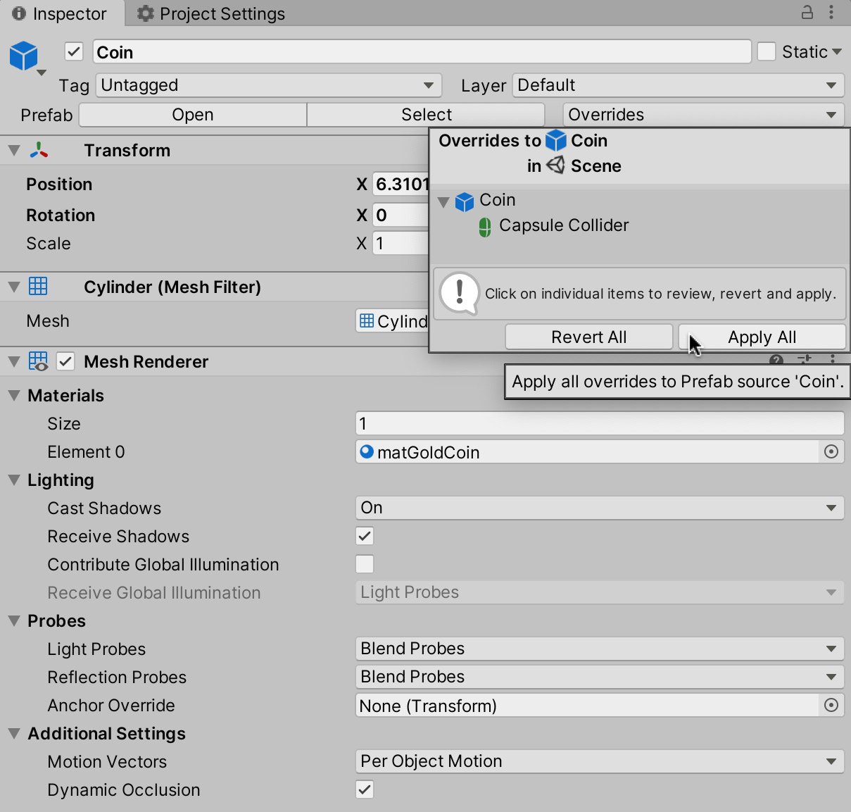 Figure 2.24 – Applying changes to the prefab
