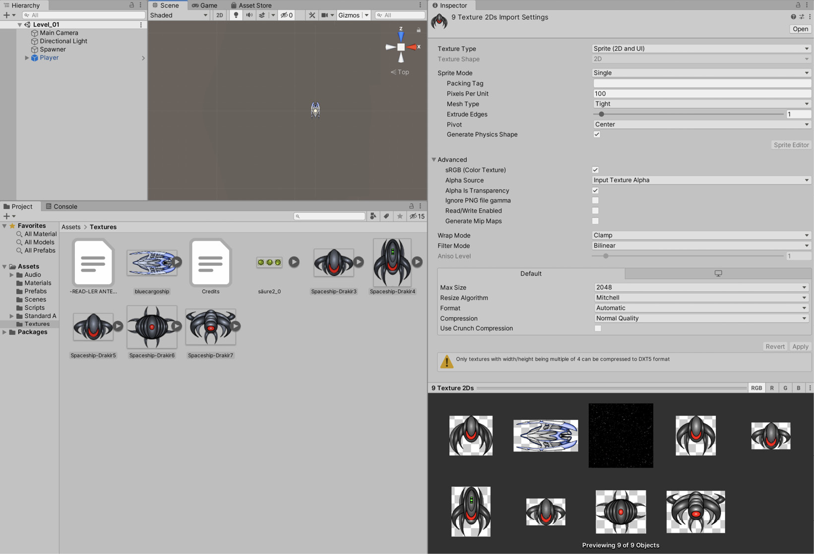 Figure 3.3 – Importing texture assets for the spaceship, enemies, star-field background, and ammo
