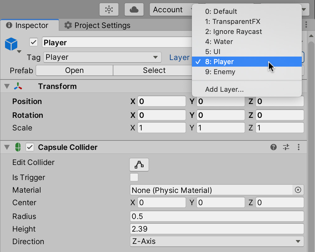 Figure 4.14 – Assigning the player and ammo to the Player layer
