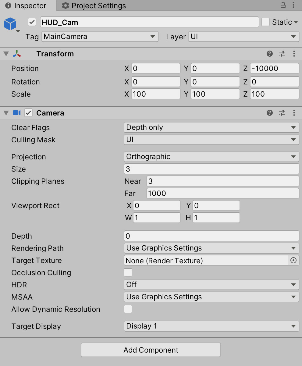 Figure 6.27 – Configuring an orthographic camera for UI rendering

