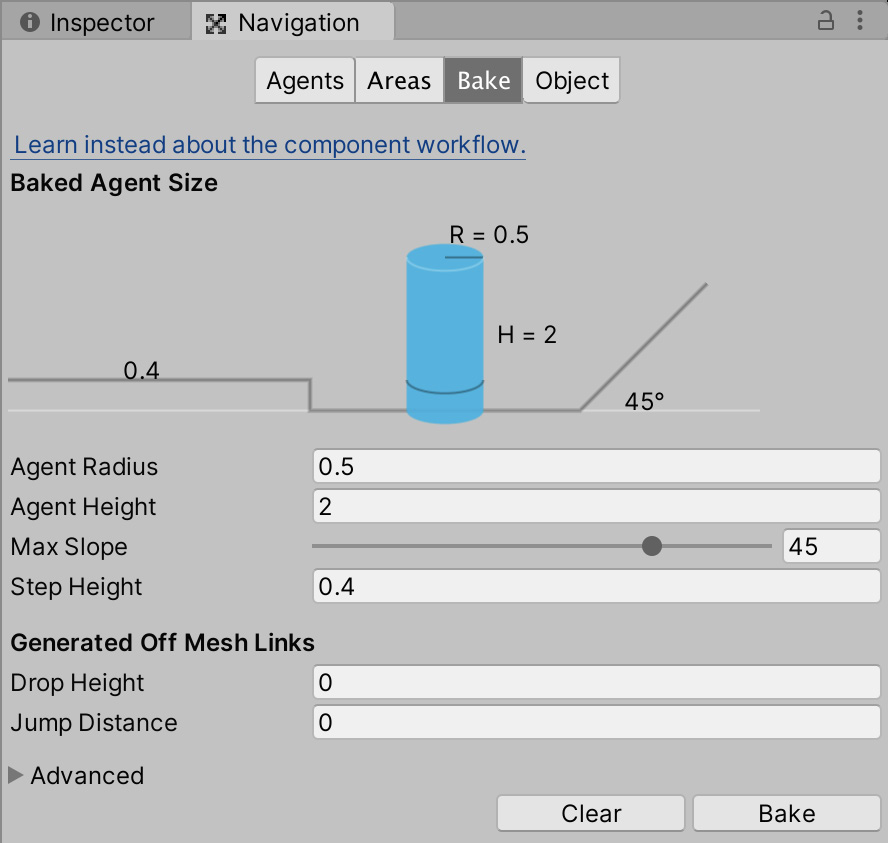Figure 8.11 - The Bake tab contains the main settings for Navigation Mesh generation
