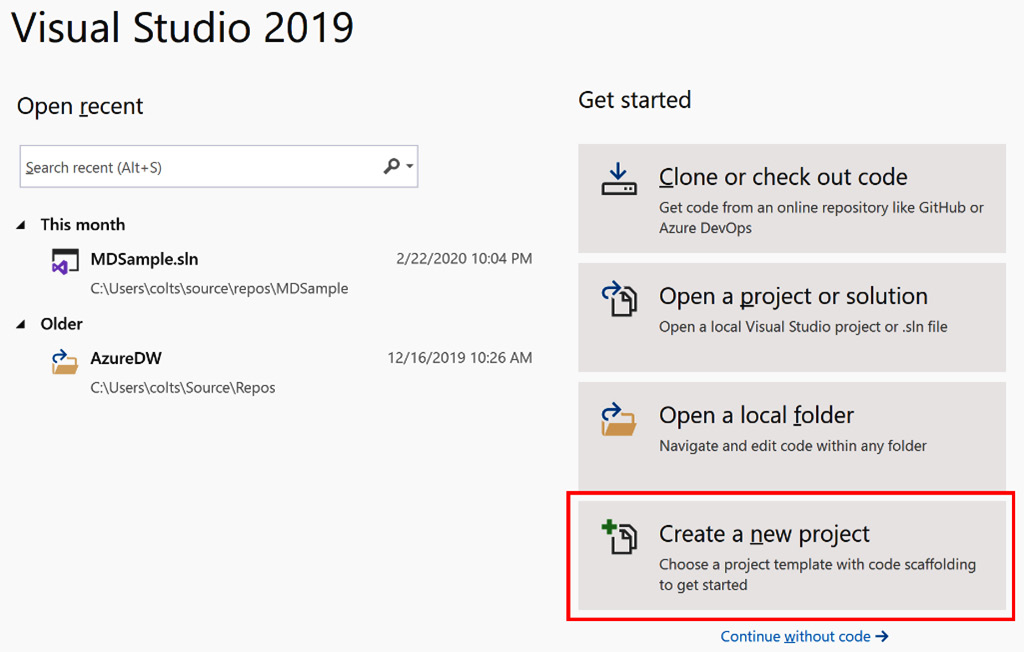 Figure 4.1 – Creating a new project in Visual Studio
