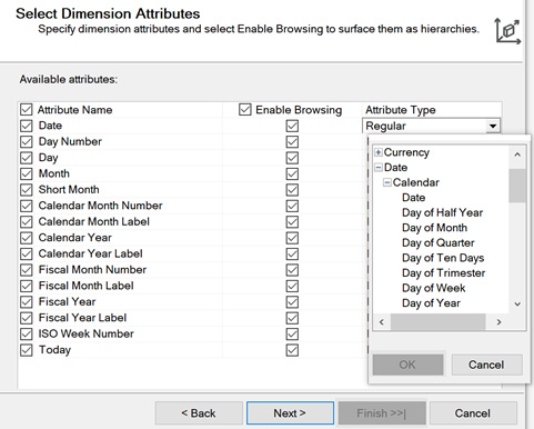 Figure 4.17 – Selecting attribute types for the Date dimension attributes
