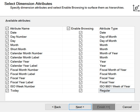 Figure 4.18 – Completed attribute types for the Date dimension attributes
