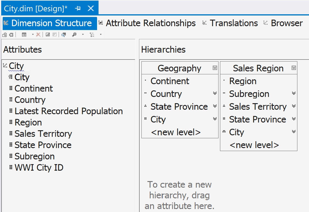 Figure 4.23 – Dimension design window with the Attributes and Hierarchies panes highlighted
