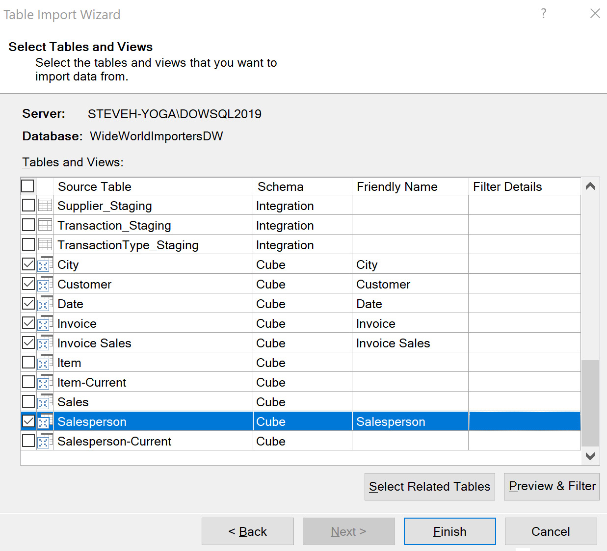 Figure 6.7 – Select the views from the cube schema
