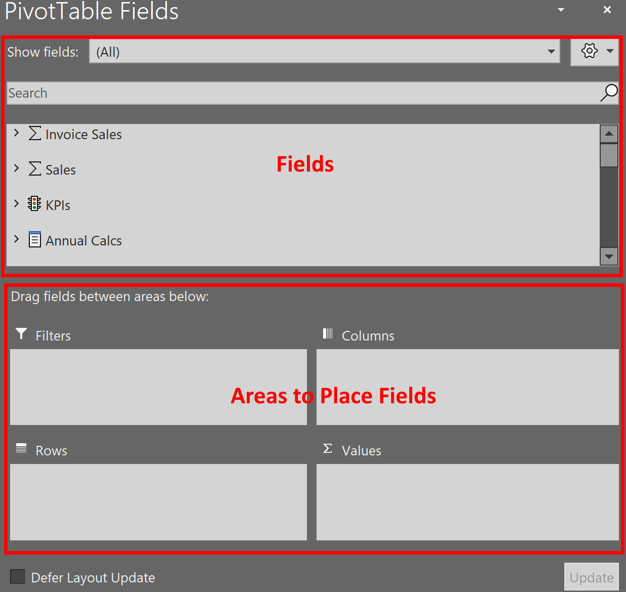  Figure 9.6 – PivotTable Fields panel
