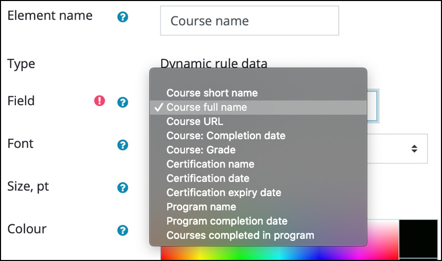 Figure 7.15 – Certificate element – Dynamic rule data
