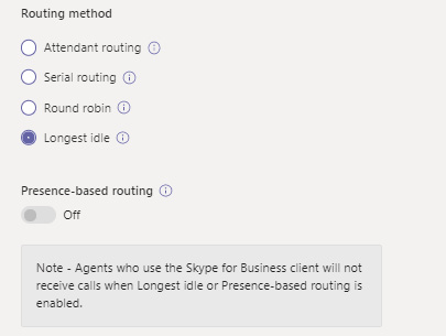 Figure 11.2 – Routing method settings for a call queue with the conditional disclaimer about agents who may be using Skype for Business that won't receive calls if the setting are saved as-is
