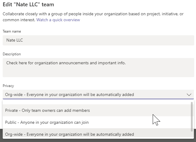 Figure 12.6 – Privacy setting selection options for a team currently set to Org-wide
