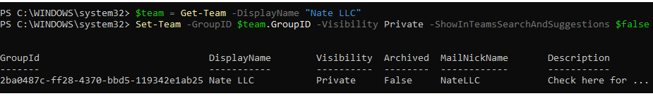 Figure 12.7 – Completed PowerShell script showing privacy setting changes for a team
