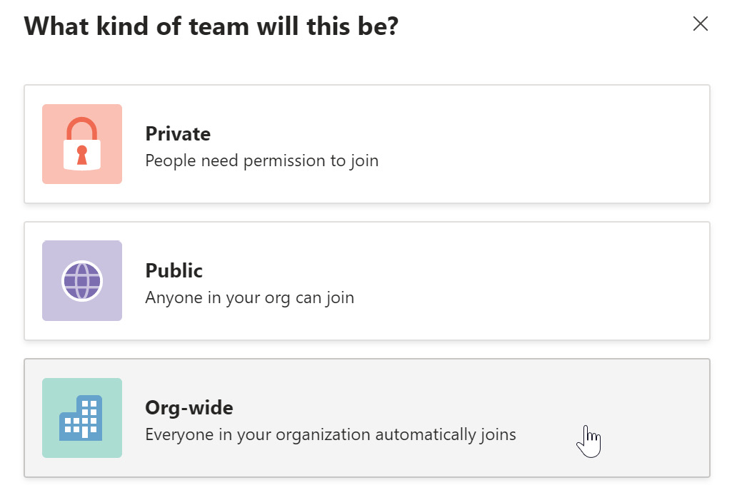 Figure 12.8 – The Org-wide option when creating a new team from scratch
