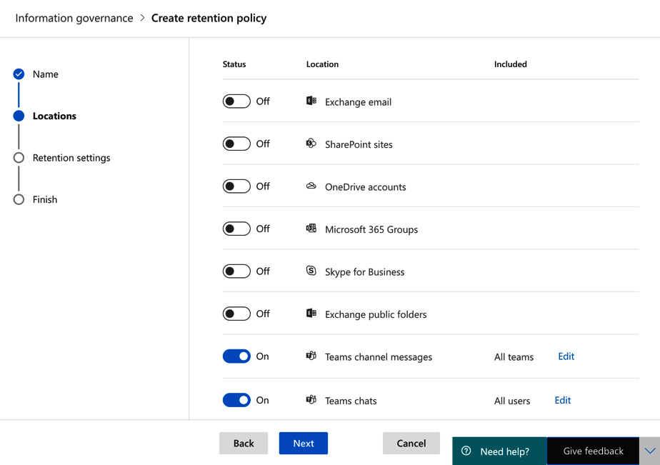 Figure 5.13 – Choosing locations for your retention policy
