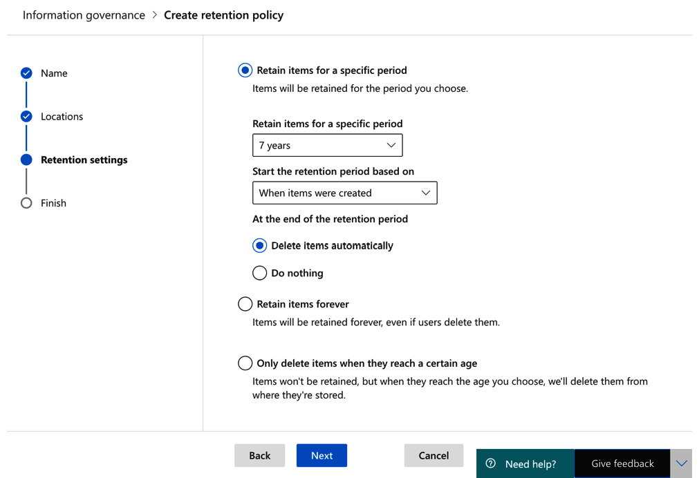 Figure 5.14 – Retention settings
