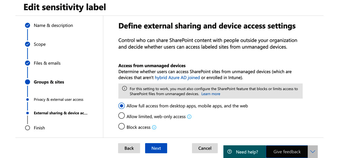 Figure 5.23 – Setting external sharing and device access settings
