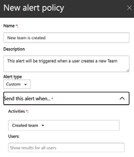 Figure 5.29 – Settings for a new alert policy
