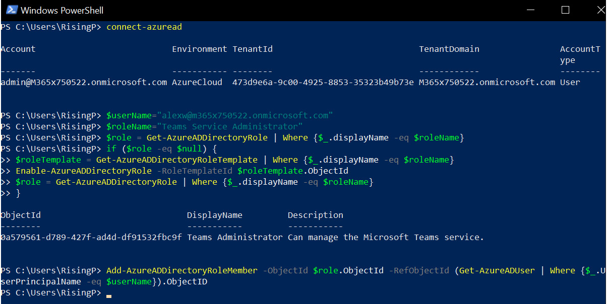 Figure 5.6 – Adding a Teams admin role to a user with Windows PowerShell
