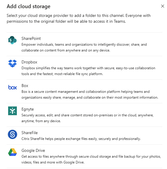 Figure 8.11 – Cloud storage options for team members adding cloud storage to their channel's Files tab
