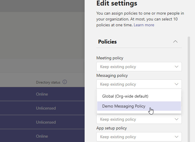 Figure 8.2 – Side panel showing assignment process for multiple types of policies to a large group of users selected in the Users page of the Microsoft Teams admin center
