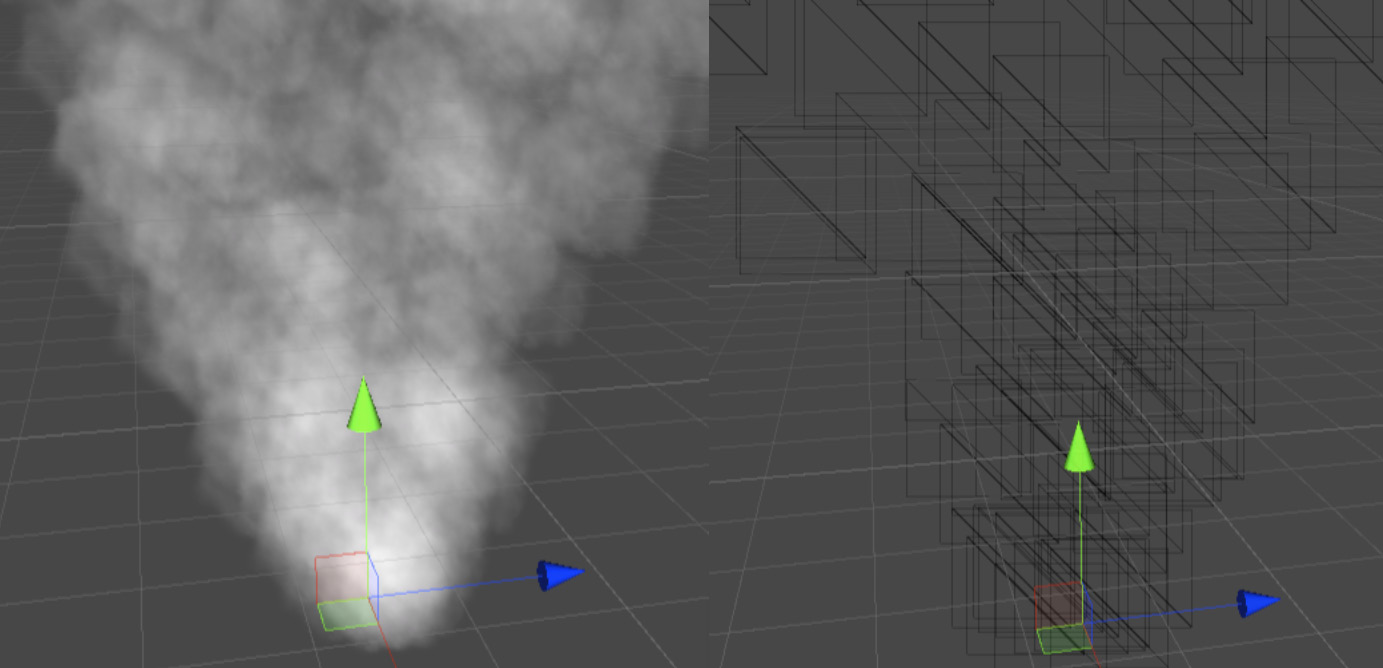 Figure 7.1 – Left, a smoke particle system; right, the wireframe of the same system
