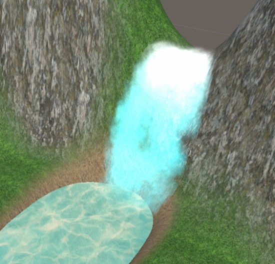 Figure 7.27 – The waterfall particle system being applied to our current scene
