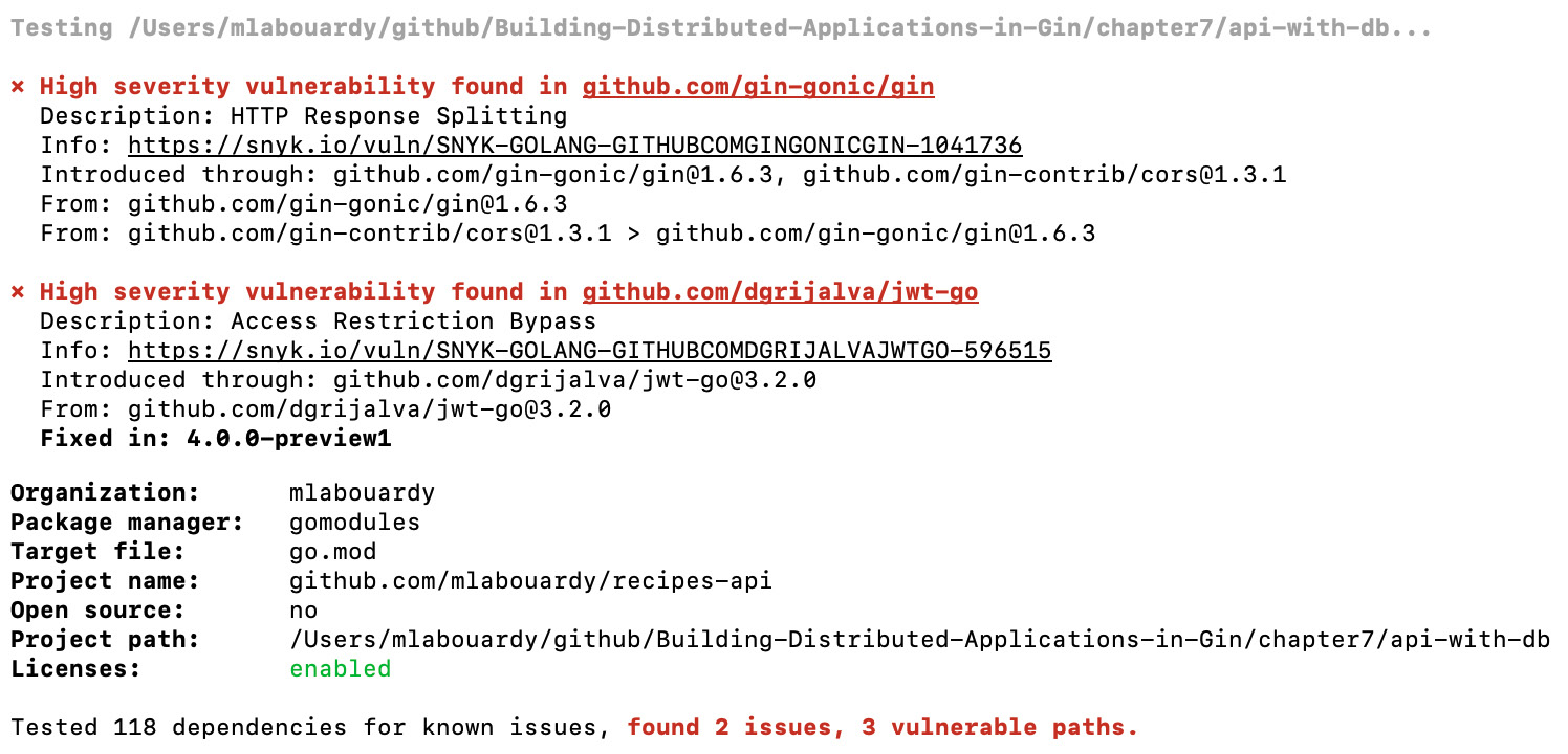 Figure 7.12 – Snyk vulnerability findings
