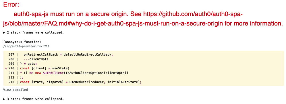 Figure 8.14 – Auth0 requires the client to be run though HTTPS
