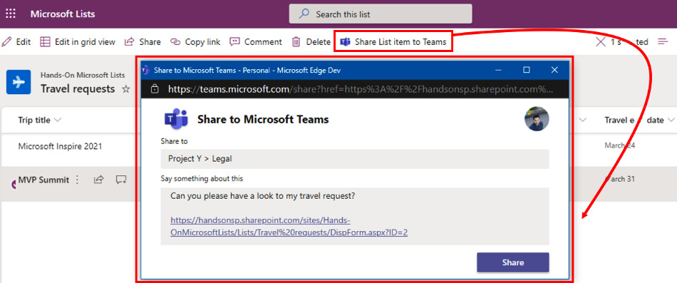 Figure 11.19 – Share item to Teams from Microsoft Lists