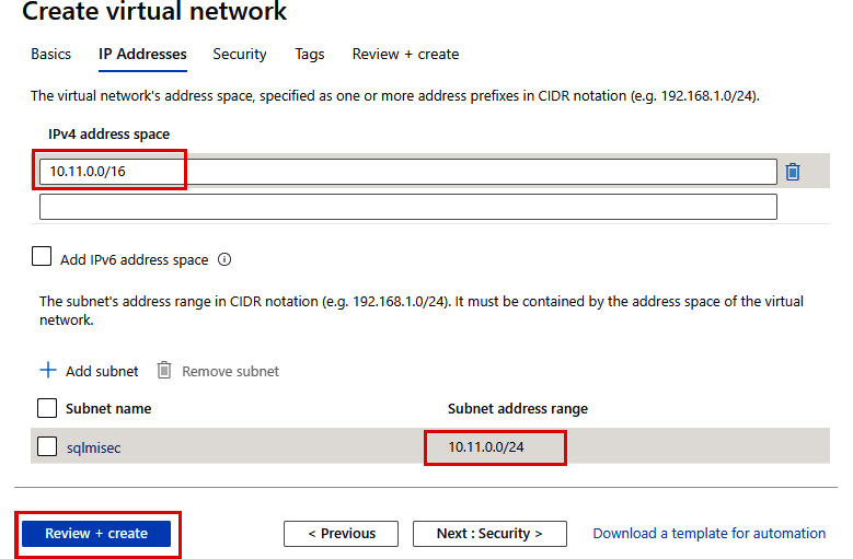 Clicking on the Review + create button to deploy this virtual network