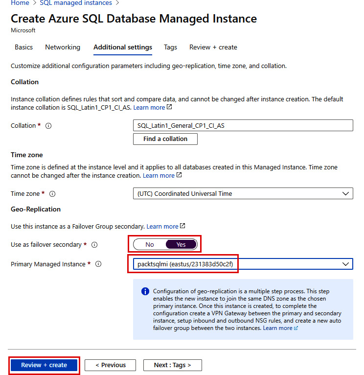 Clicking on Review + create to deploy the secondary managed instance