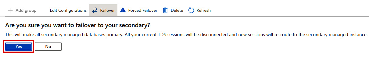 Selecting Yes on the warning about TDS sessions being disconnected