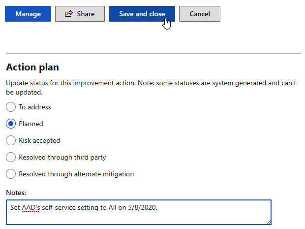 Figure 11.24 – Action plan status and note being saved to the improvement action
