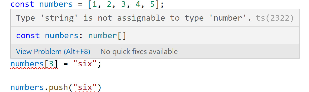 Figure 1.12: TypeScript inferring the type of the elements in the array
