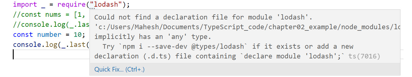 Figure 2.15: TypeScript recommending to install Lodash types from DefinitelyTyped
