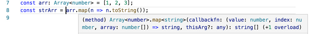 Figure 9.9: The map method of Array<T> has a return type inferred based on the type returned from callbackfn

