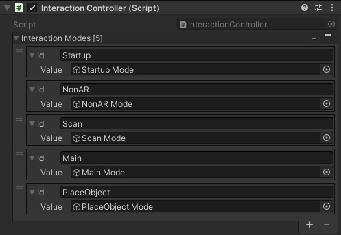 Figure 5.6 – The Interaction Controller's Interaction Modes list with PlaceObject added
