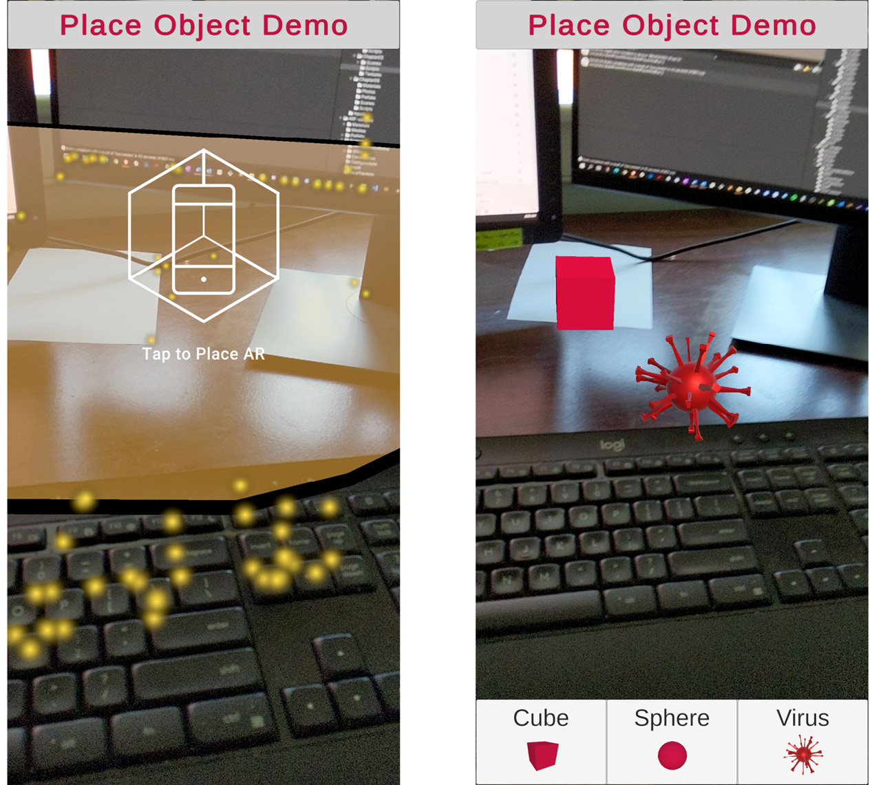 Figure 5.9 – Screen captures of PlaceObject-mode, and subsequent Main-mode with trackables hidden
