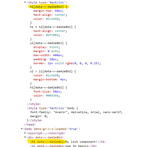 Figure 1.12: Observe how the virtual DOM uses data attributes to assign scoped styles
