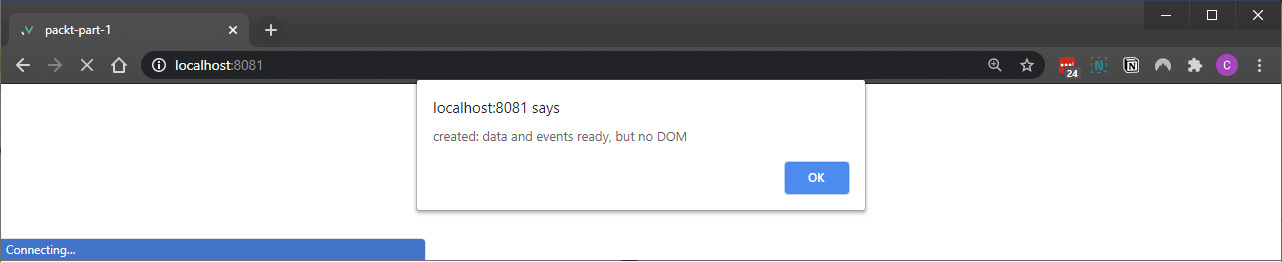 Figure 1.38: Observe the before() hook alert after the beforeCreate() hook
